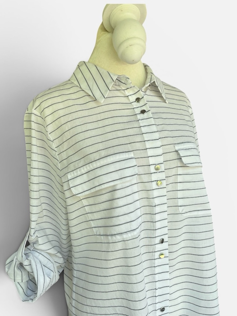 Ivanka Trump Striped Double Button-down Blouse in White/Blue Size Med